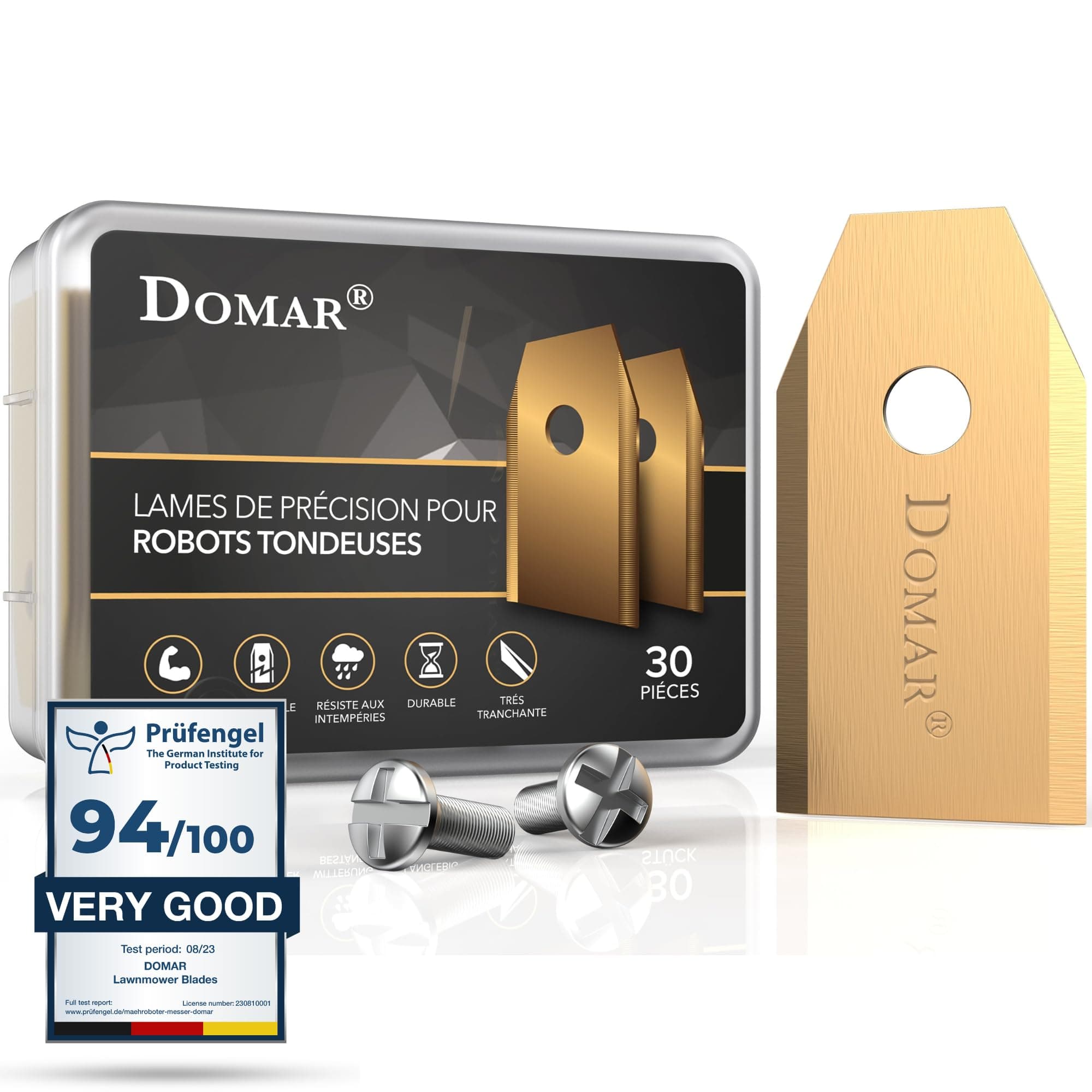 Domar - Long lasting robotic mower blades, screws included I Improved blades compatible with Husqvarna Automower, Gardena, Yard Force Robot Lawnmowers | 30 Spare Blades - Image 1