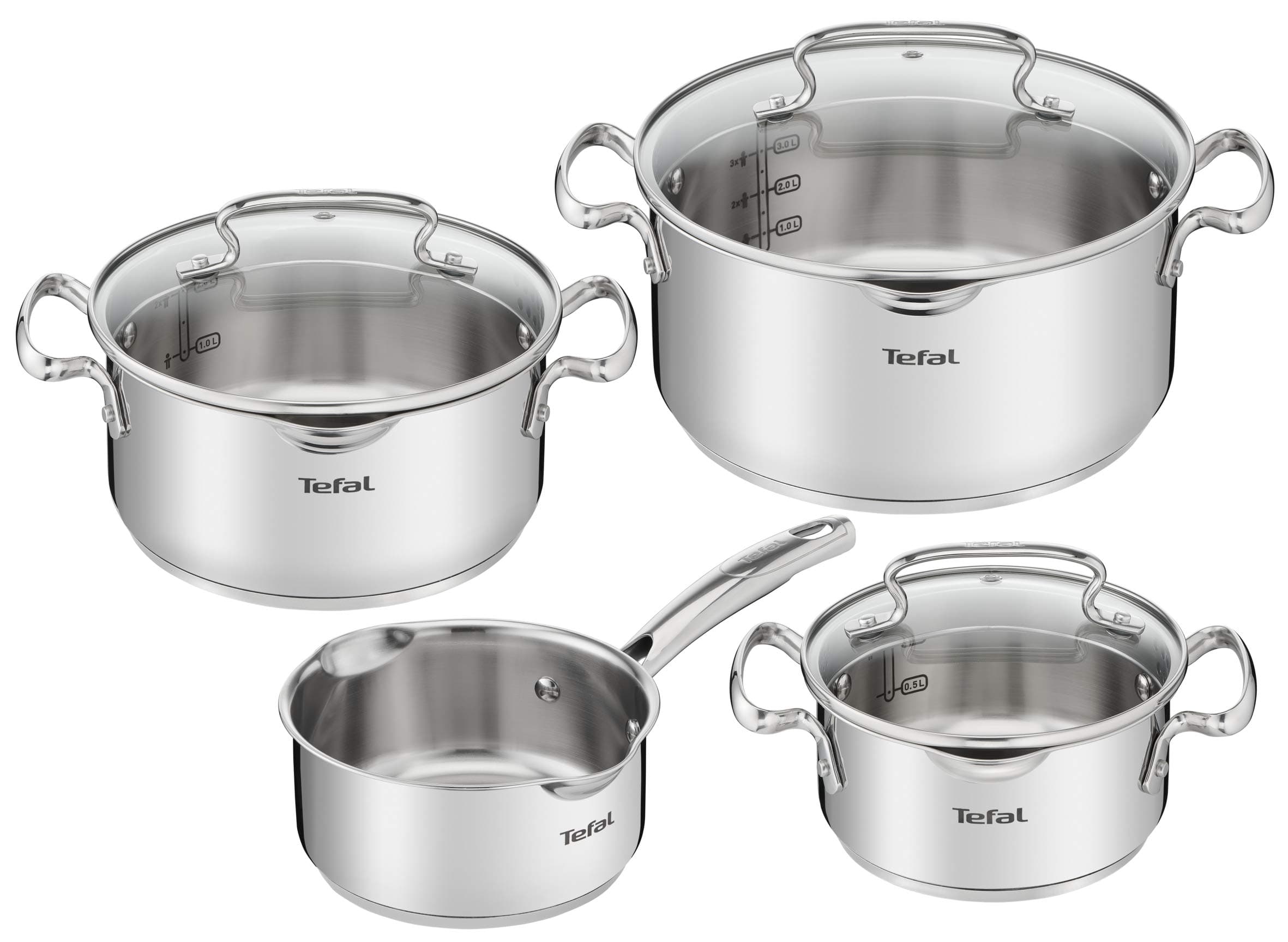 Tefal Duetto 7 Piece Set - 3 Saucepans 16/20/24 cm, 1 Saucepan 16 cm, 3 Stainless Steel Lids, 3 Glass Lids, Measurement Marks, All Kinds of Kitchens, Oven and Oven Safe - Image 1