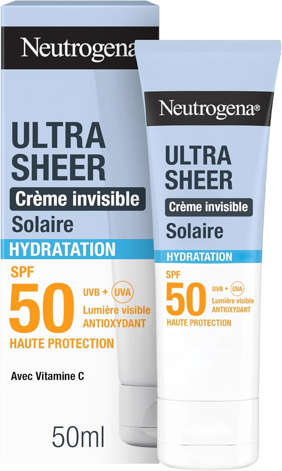 Neutrogena – Crème Solaire Visage Invisible Ultra Sheer Hydratation SPF 50 UVB + UVA (50 ml) – Antioxydant et haute protection avec Vitamine C – Sec au toucher, absorption rapide et hydratation 24 h - Image 1
