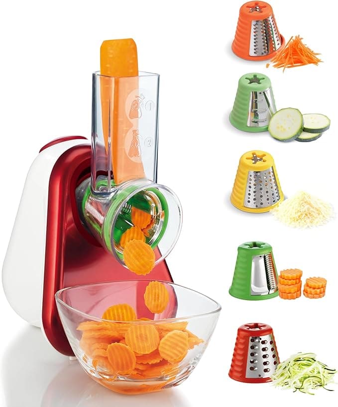 Moulinex Moulinex Fresh Express 5-in-1 Vegetable Slicer, Slice, Grater, Wide Feed Tube, Colour Coded Tape, Made in France DJ755G10, Red, White