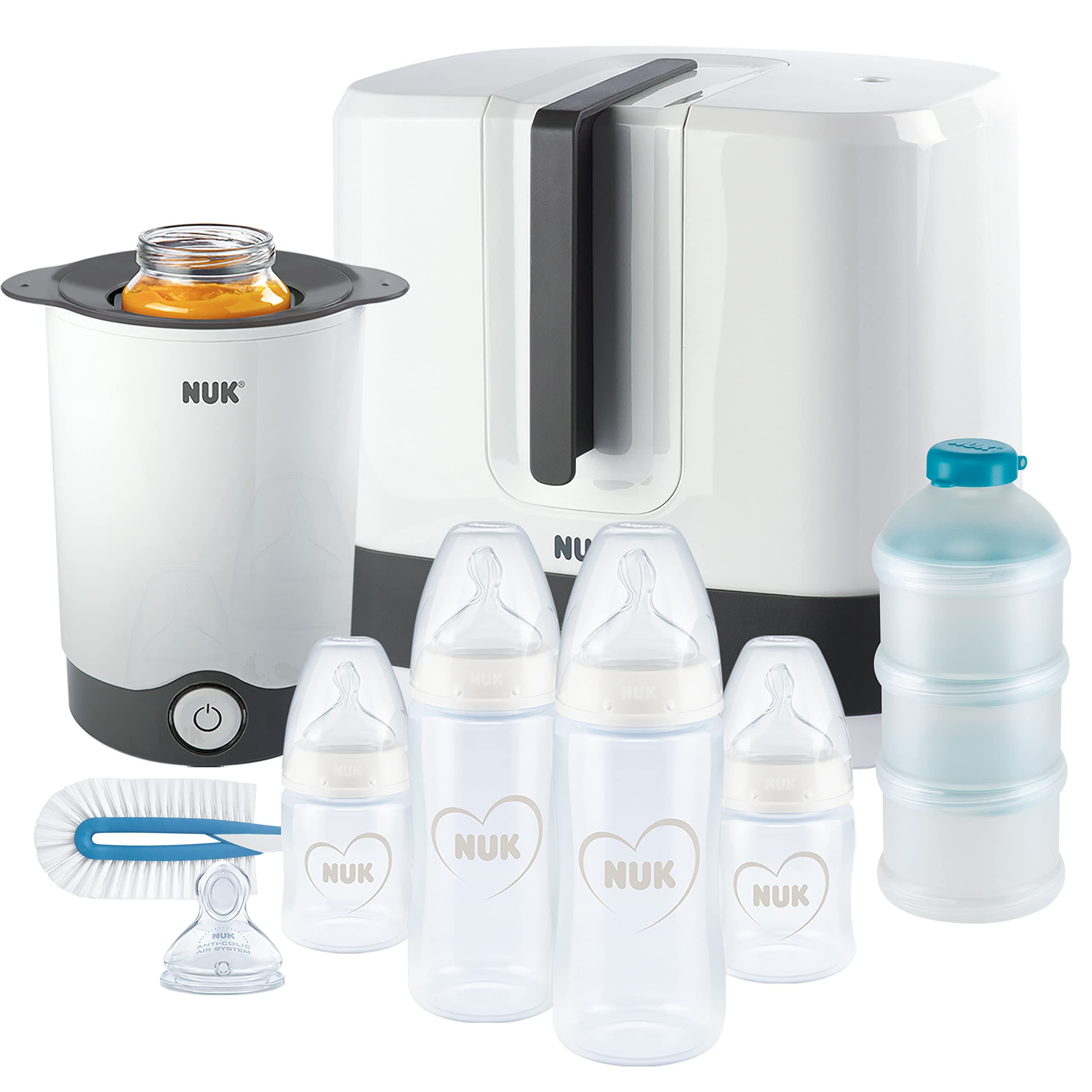 NUK First Choice+ Complete Feeding Kit - Vario Express Steriliser, 4x Bottles, 1x Extra Teat and More - Heart (Neutral) - 9 Pieces - Image 1