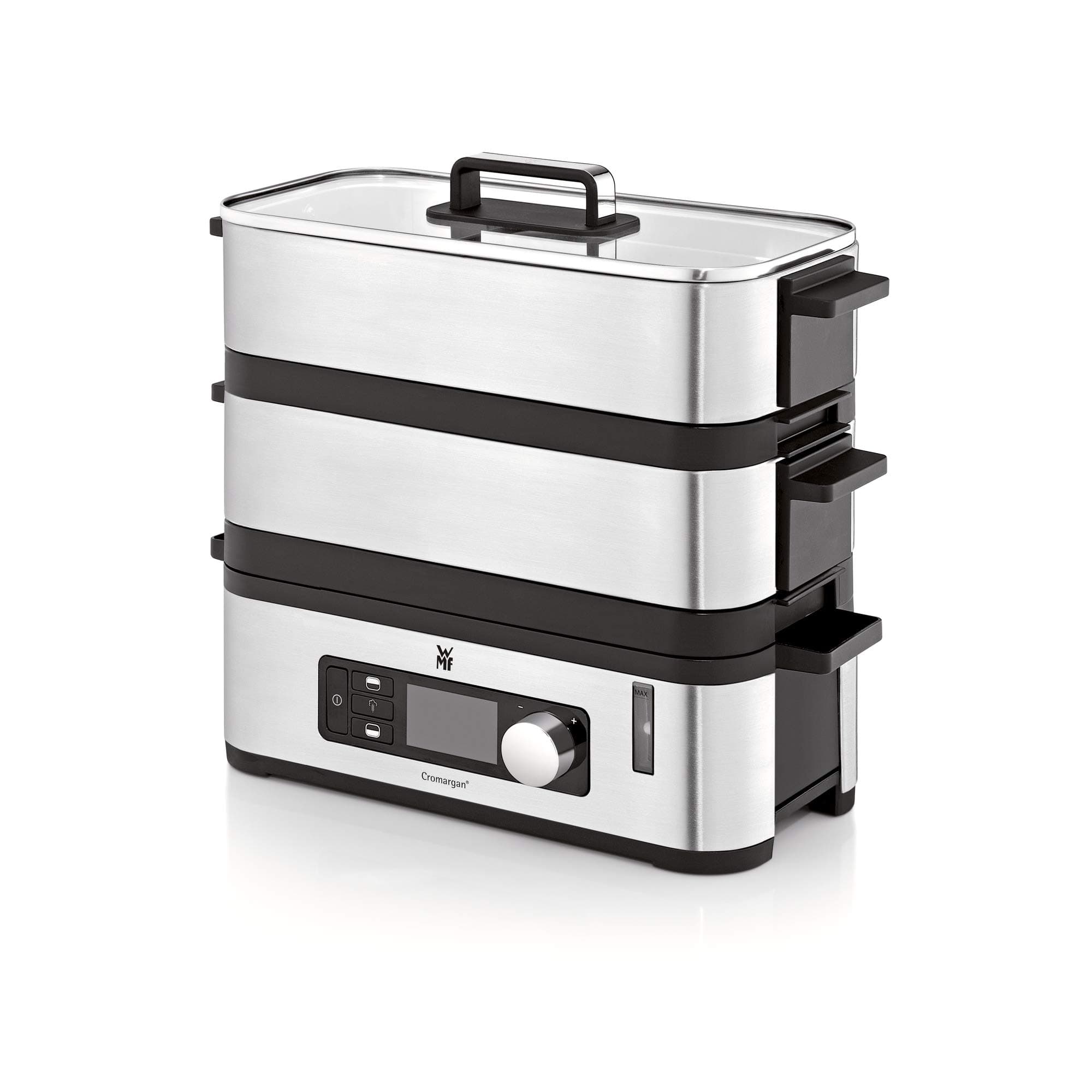 WMF WMF KITCHENminis 0415090011 Ultra-Compact Electric Steamer with Elegant Design Cromargan Stainless Steel 2.15 L BPA Free 2 Compartments Cooking Programmes Cooking Vegetables Rice Fish 900 W