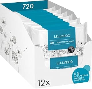 Lingettes toilettes LILLYDOO, 720 pièces (12 x 60), jetables dans les WC, tissu 100% sans plastique et sans parfum
