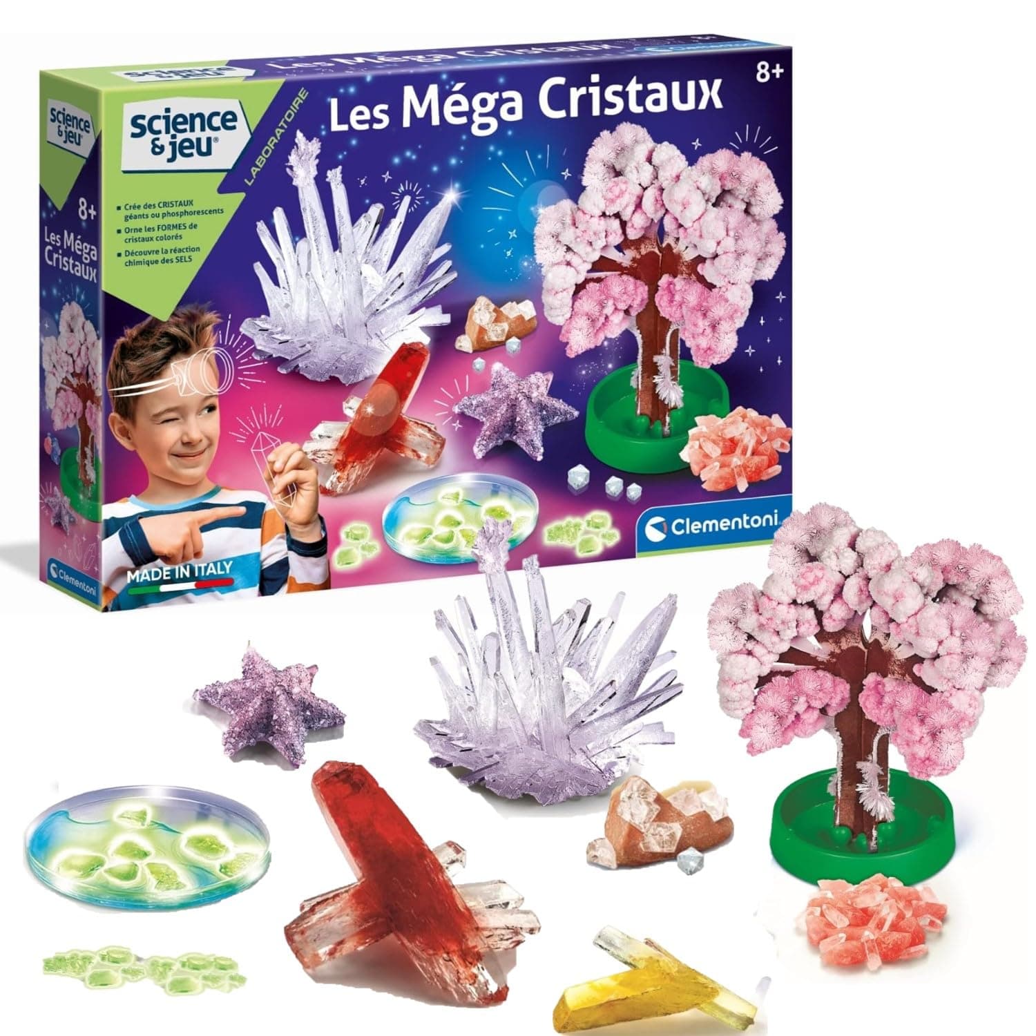 Clementoni Clementoni | Science & Game – Mega Crystals for Kids 8+ | Colorful and Phosphorescent Crystallization Kit with 3D Tree, Molds and Chemicals | Chemistry and Minerals Educational Game