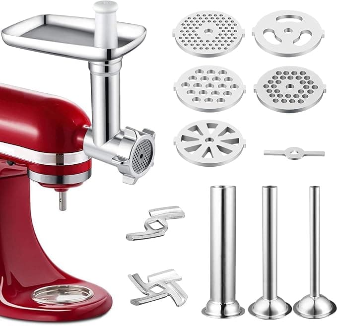 Metal Meat Grinder with Pusher and 3 Stuffing Tubes for Sausages, Durable Extension Fits All KitchenAid Models