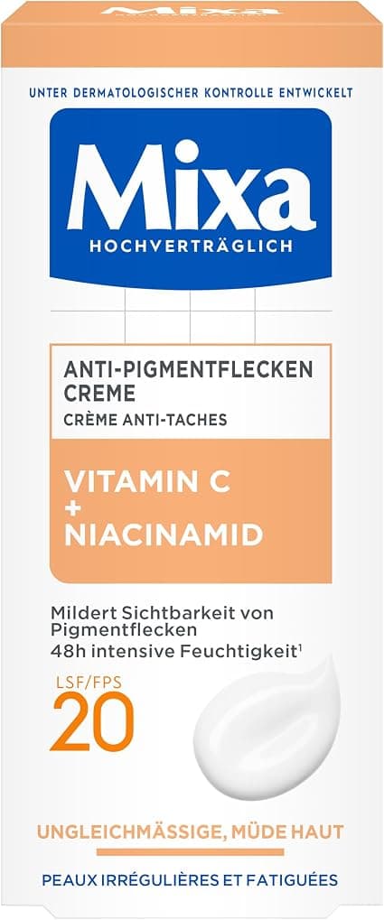 Mixa Anti-Pigment Spot Cream for Irregular, Dull and Sensitive Skin with Vitamin C and Niacinamide, Suitable for Face and Neck, SPF 20, Hypoallergenic, 50 ml - Image 1
