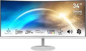 MSI Pro MP341CQW UWQHD Curved Office Monitor 34 Inches – VA Panel 1500R, 3440x1440, 100Hz, Eye Comfort, 3000:1 Contrast, 21:9, Built-in Speakers, DP 1.2a, HDMI 2.0b – White