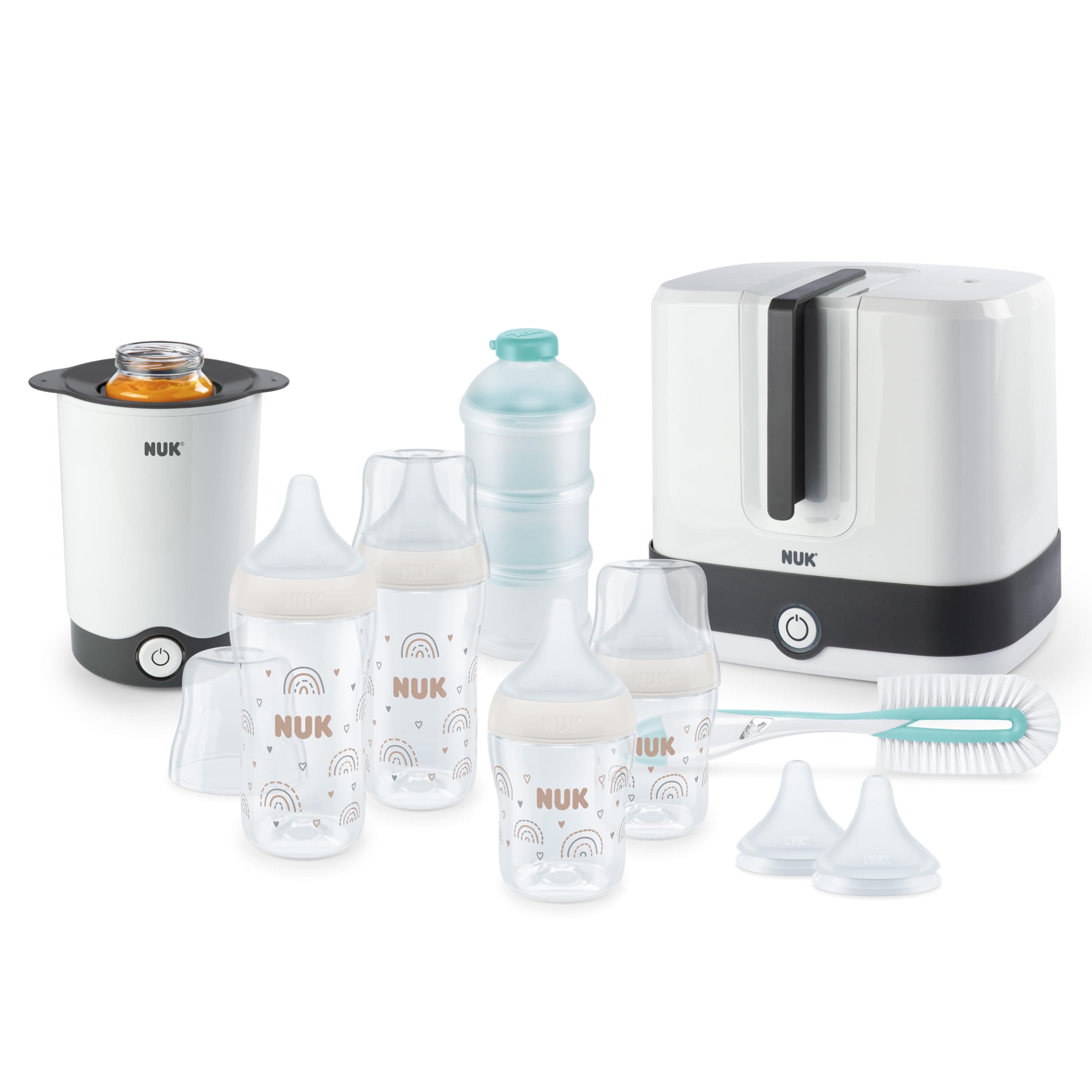 Nuk Perfect Match Complete Set | 6+ Months | Vario Express Steriliser, 4 Bottles, Bottle Warmer, Brush and More | Rainbow | 8 Pieces