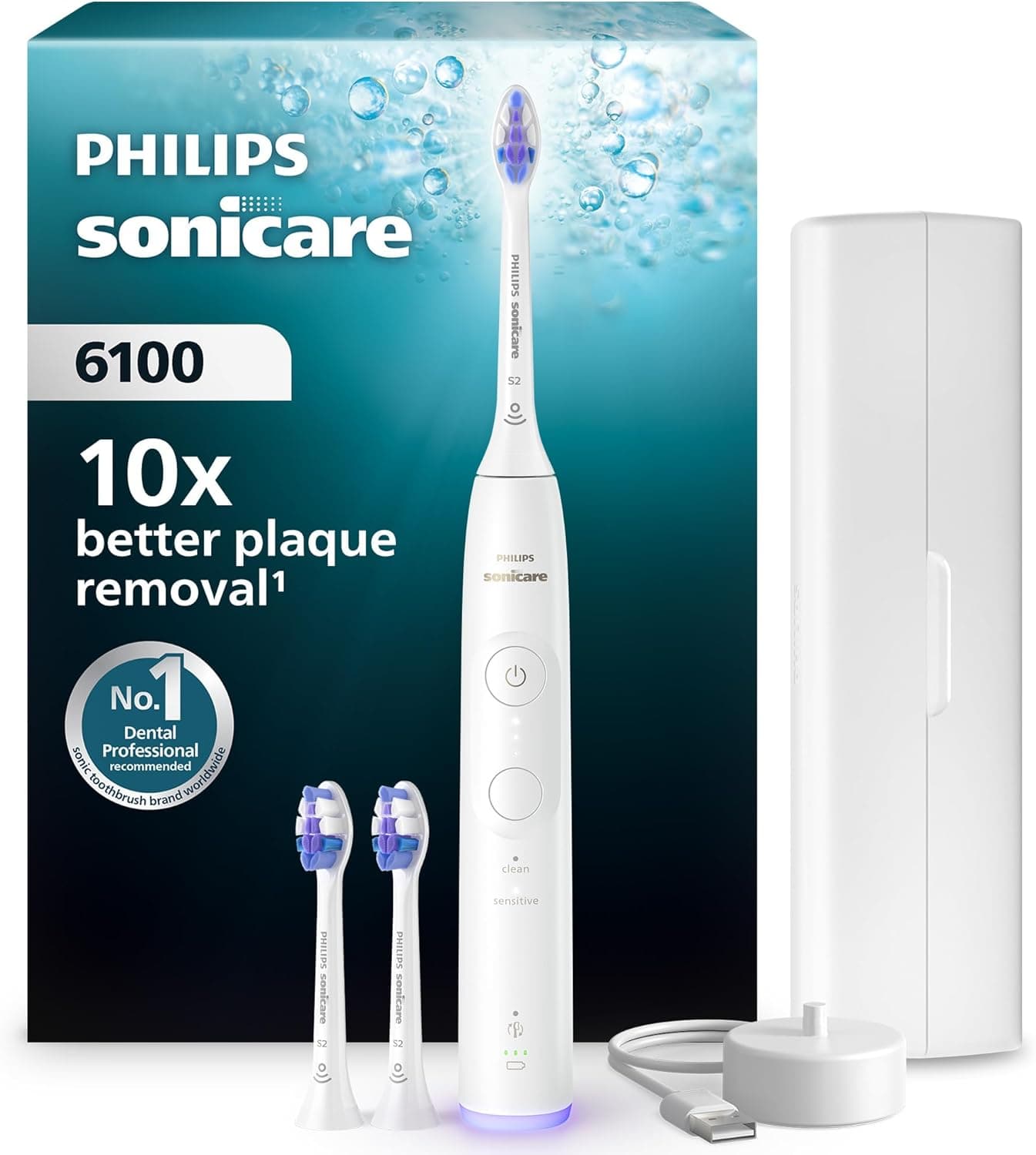Philips Philips Sonicare 6100 - Brosse à dents électrique sonique avec 2 modes de brossage, 3 niveaux d'intensité, Alerte de pression, EasyStart, Coffret de voyage, Blanc, HX7400/02 [Nouvelle technologie]