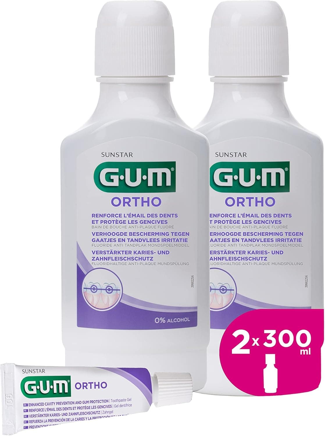 Bain de bouche GUM ORTHO |spécialement conçu pour porteurs d'appareil orthodontique |réduit l'accumulation de plaque |renforce l'émail |sans alcool |goût menthe verte | 2x300ml (+1 bonus gratuit)