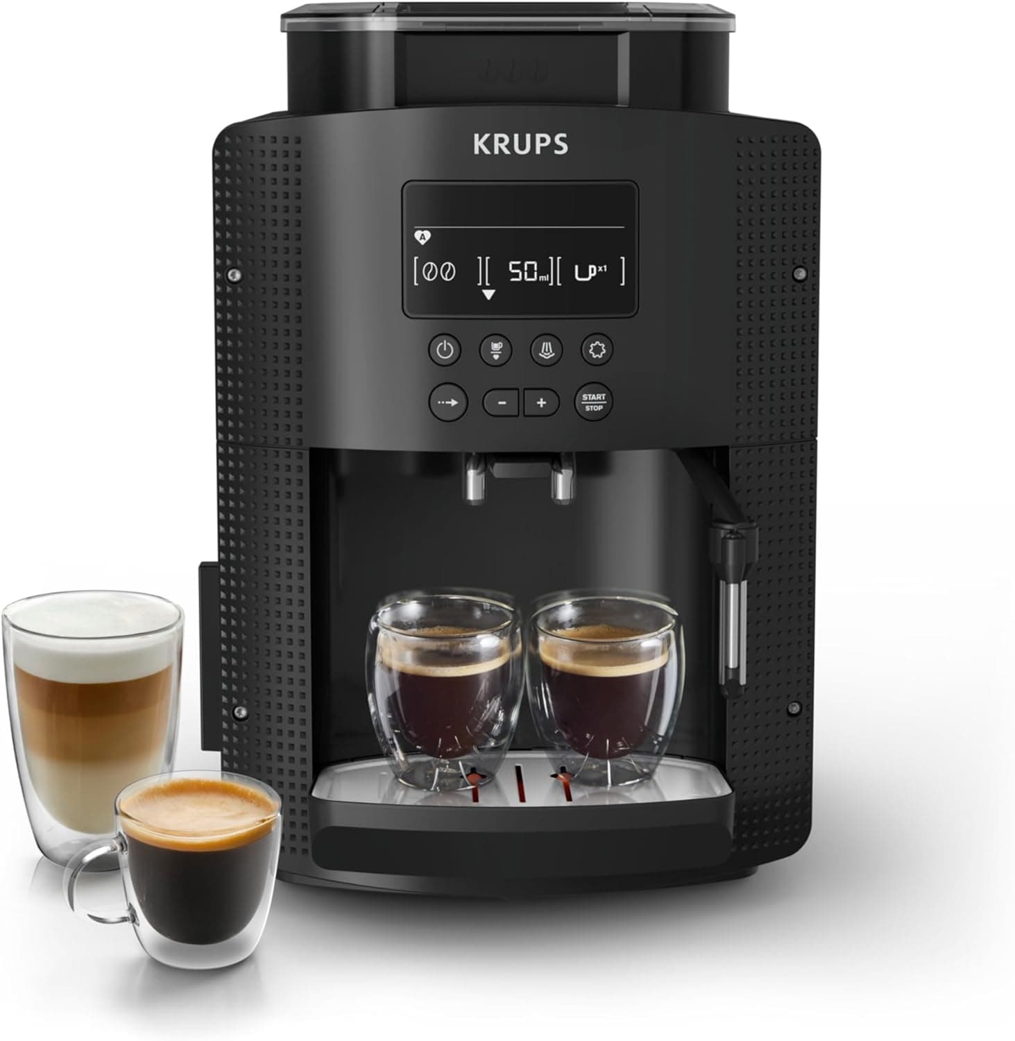 Krups Essential, Machine à café grain, Expresso automatique, 2 tasses simultanées, Ecran LCD, Nettoyage automatique, Buse vapeur Cappuccino, Cafetière espresso, Noire, YY8135FD