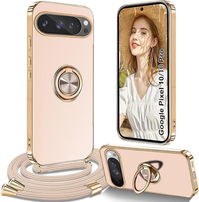 Case for Google Pixel 10/10 Pro with Lanyard, Case for Google 10/10 Pro with Collar Silicone 360° Magnetic Ring Car Shockproof Case with Adjustable Cord Case Cover, Pink - Image 1