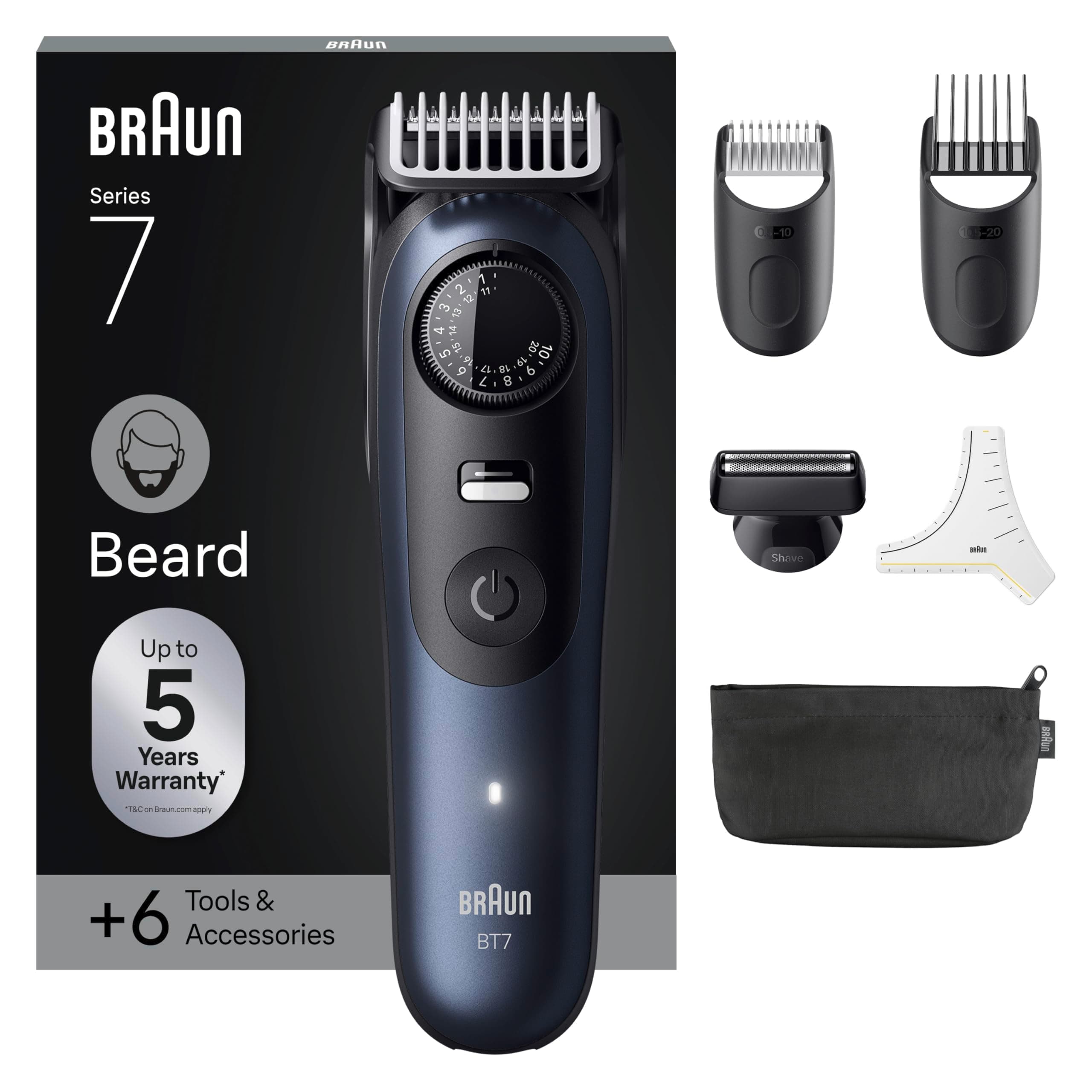 Braun Men's Beard Trimmer Series 7, BT7520, Blue, + 6 Barber Tools, 40 Lengths, Wear-resistant Blade for Professional Shaving, Cordless Electric Trimmer Kit, 2 Comb and Beard Stencil - Image 1