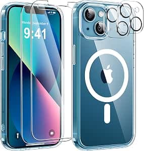 5 in 1 Magnetic Case for iPhone 13 with 2 Tempered Glass and 2 Protective Camera, Compatible with MagSafe Back Anti-Scratch Case Magnetic Shockproof TPU Bumper 6.1 Inch Case (Transparent)
