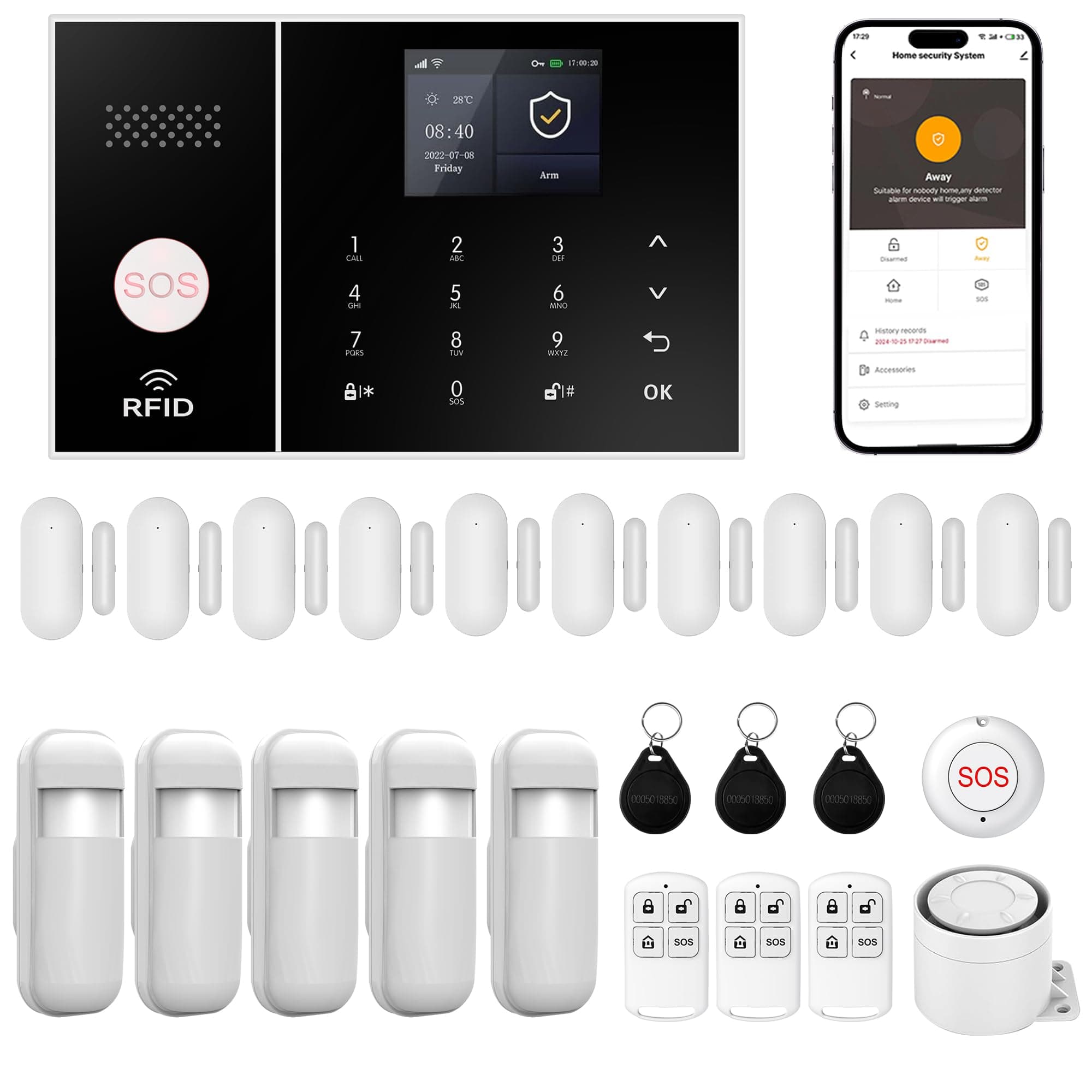XUK Wireless Alarm System 4G/WiFi, Smart Security Alarm with Door/Window Sensors, Compatible with Alexa/Google Home, 24 Alarm with Siren, 10 Window and Door Sensors, 3 Remote Control