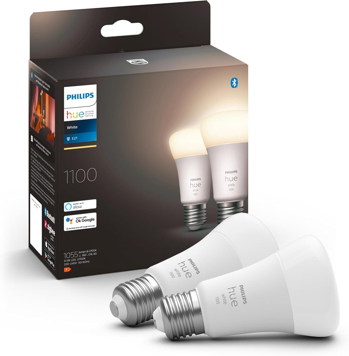 Philips Hue White, ampoule LED connectée E27, Equivalent 75W, 1100 lumen, Compatible Bluetooth, Pack de 2, fonctionne avec Alexa, Google Assistant et Apple Homekit, ancienne génération - Image 1