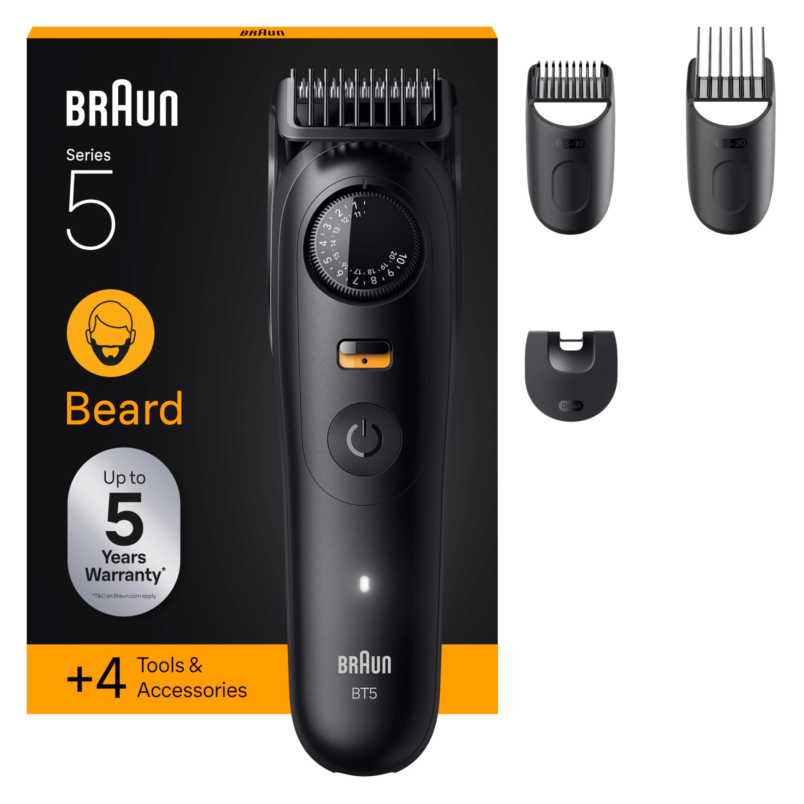 Braun BT5520 Series 5 Beard Trimmer + 4 Styling Tools, Ultra-Sharp Blade, 120 Min Runtime, 40 Lengths, Waterproof, Precision Wheel and Lock, BT5520, Black - Image 1
