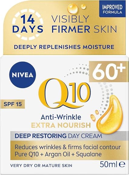 NIVEA Q10 Anti-Wrinkle Day Cream 60+ Extra Nourishing SPF 15 (50ml), Moisturizing Day Cream to Reduce Wrinkles and Fine Lines, Nourishing Care for Mature Skin - Image 1