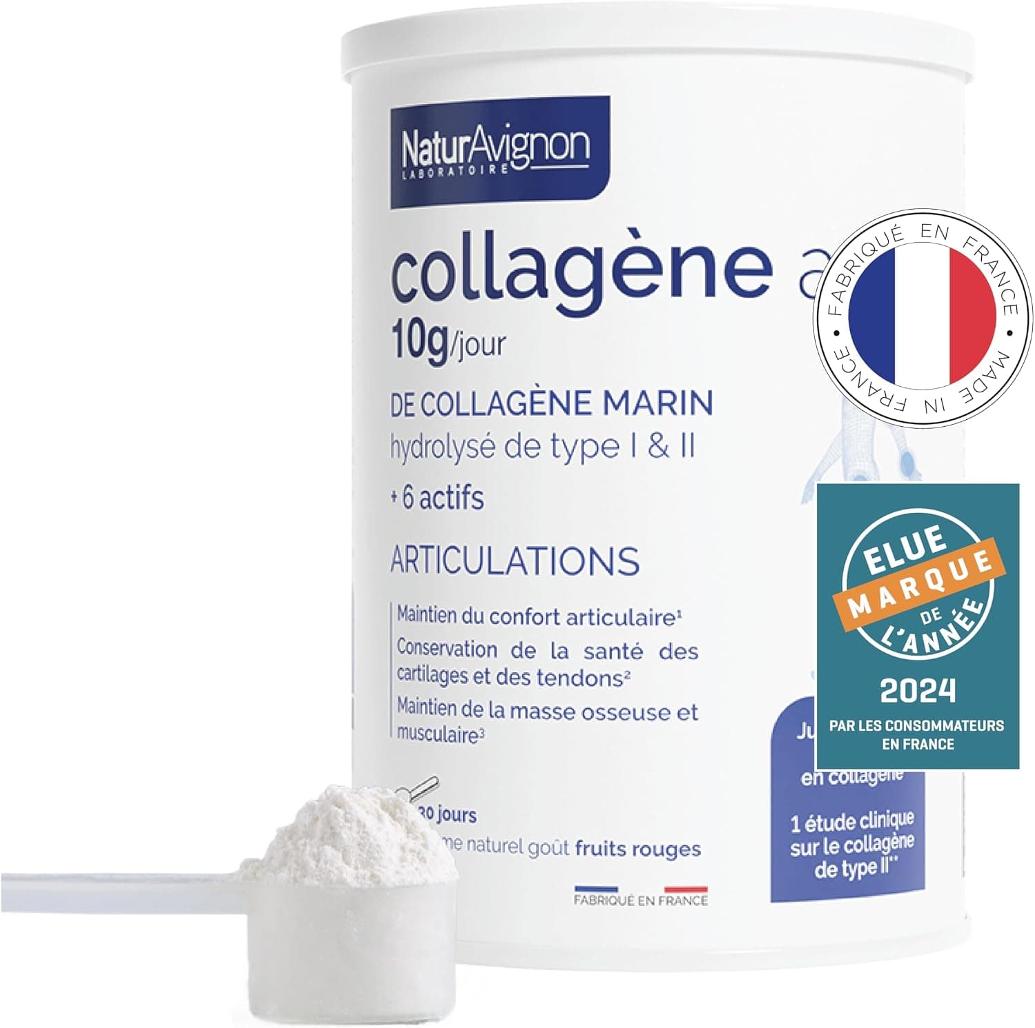 Laboratoire NaturAvignon Collagene Marin hydrolysé type 1 et 2 en poudre | Articulations, os, cartilages | 10g collagène marin par portion | Saveur fruit rouge | Fabriqué en France | 375g - Image 1