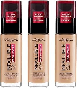 L'Oréal Paris Infallible Fluid Foundation 24 Hours Fresh Wear - All Skin Types - 140 Golden Beige, Pack of 3 (3 x 30 ml)