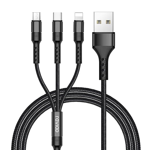 RAVIAD Multi USB Cable, 3 in 1 Multi USB Charger Braided Nylon Cable with Micro USB Type C Connectors for Samsung Galaxy S23/S22/S21, Huawei P30/P20, Honor, OnePlus, Wiko, Kindle 1.2M (Black)