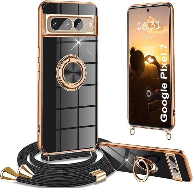 Google Pixel 7 Case with Lanyard and Collar, 360 Degree Adjustable Shockproof Magnetic Ring Case, Black