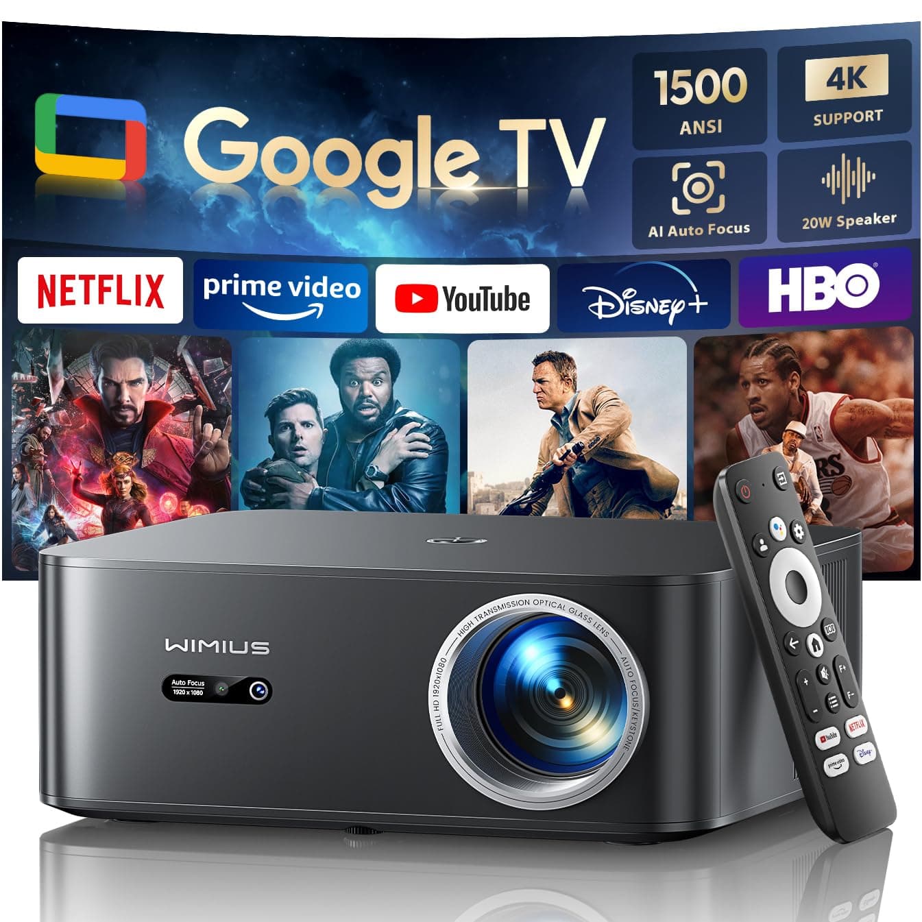 4K Projector 【1500 ANSI/Google TV/Netflix Disney+Official】 4K Auto Focus/Keystone Projector WiFi6 Bluetooth FHD 1080P Native, Voice Control, Overhead Projector 350 Inches Zoom 50% Home Cinema HDMI Arc - Image 1