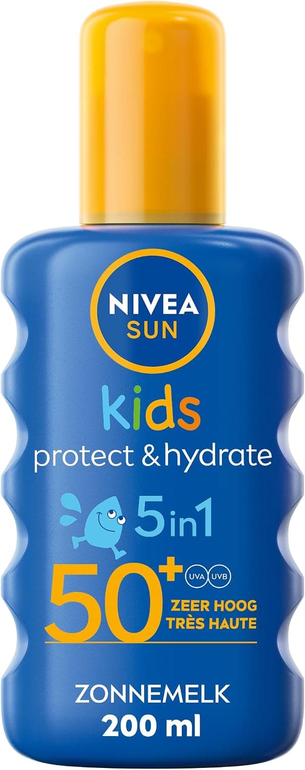 NIVEA SUN Spray Solaire Protect & Hydrate Kids Coloré SPF 50+ 200 ml — Crème Solaire résistante à l'eau — Haute Protection Visage et Corps pour la peau délicate des Enfants