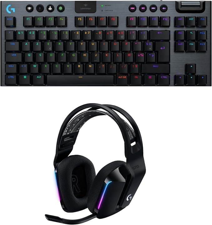 Logitech Logitech G G915 X Lightspeed TKL Ultra-Flat Wireless Gaming Keyboard, Double Layer PBT Keys, GL Brown Touch - PC/Mac, AZERTY FRA, Logitech G733 Wireless Lightspeed Gaming Headset with Headband