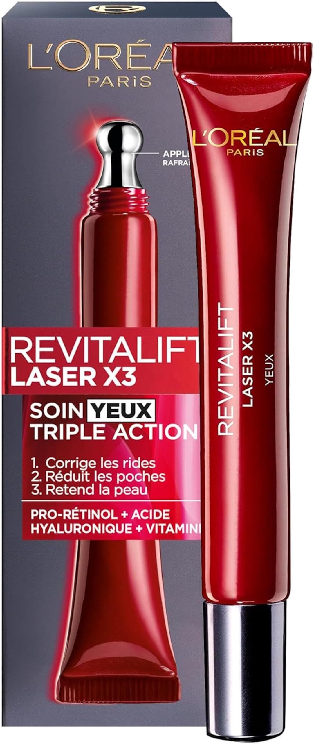 L'Oréal Paris - Triple Action Anti-Aging Eye Care - Anti-Wrinkle & Multi-Correction - With Hyaluronic Acid & Pro-Xylane - For All Skin Types - Revitalift Laser X3 - 15 ml - Image 1