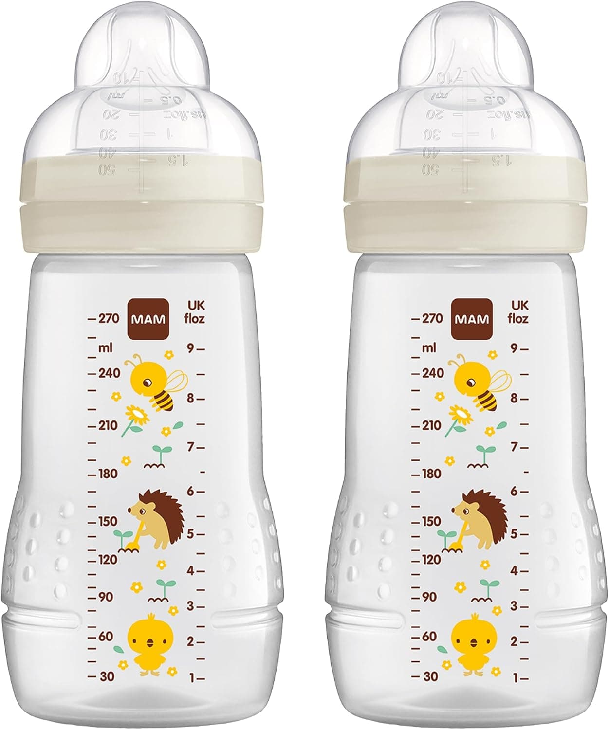 MAM Easy Active Baby Bottles, 270 ml, with MAM Teat, SkinSoft Silicone, Baby Bottles with Ergonomic Shape, for Babies from 0 Months, Bee/Hedgehog, Set of 2 - Image 1