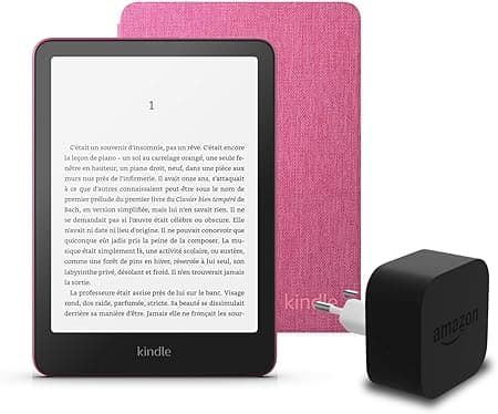Le dernier Kindle Paperwhite (version 2024) 16 GB avec publicités, une couverture en tissu Amazon et un adaptateur secteur Amazon Powerfast 9 W.