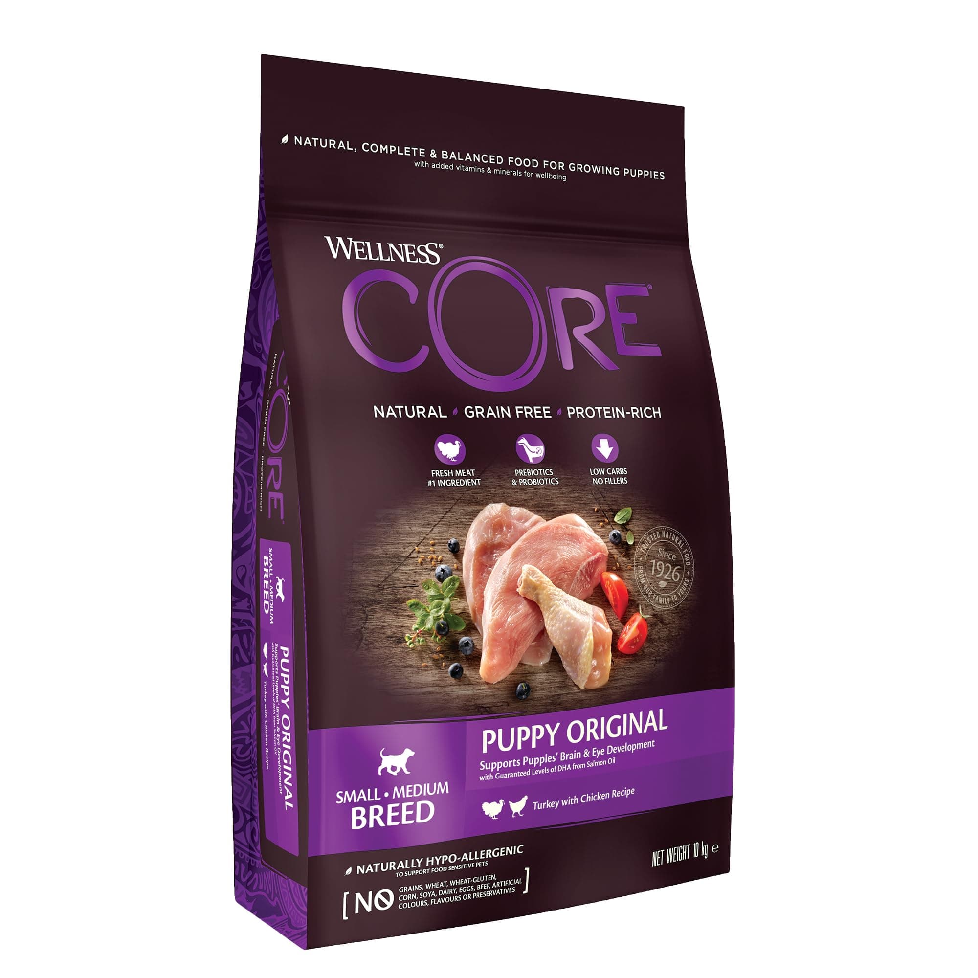 Wellness CORE Puppy 10 kg, Chicken/Turkey - Small / Medium Puppy Food Grain Free Natural Hypoallergenic High Protein High Meat Eye & Brain Develops