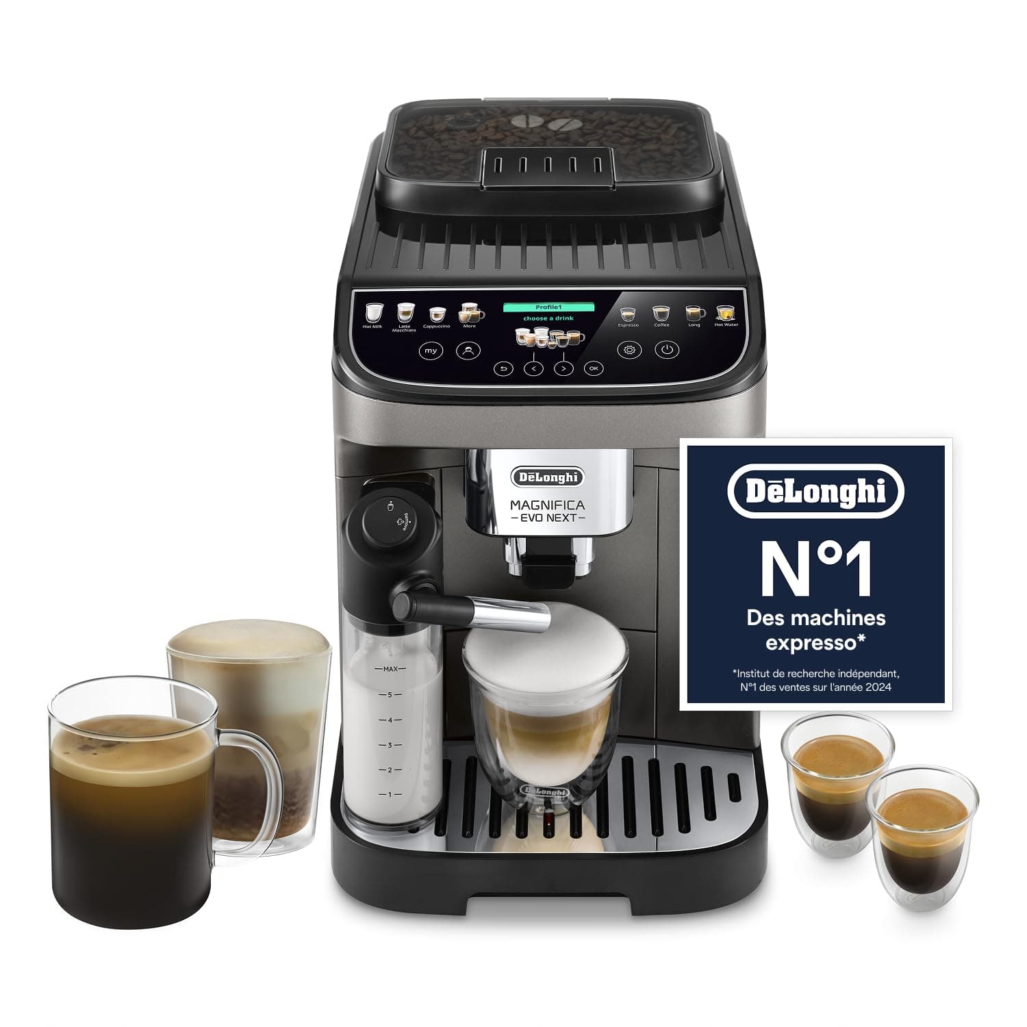 De'Longhi Magnifica Evo Next - Perfetto Automatic Coffee Machine with LatteCrema Automatic Milk Frother, 13 Drinks in One Touch, Touch Screen Colors, Titanium and Black (ECAM312.80.TB)