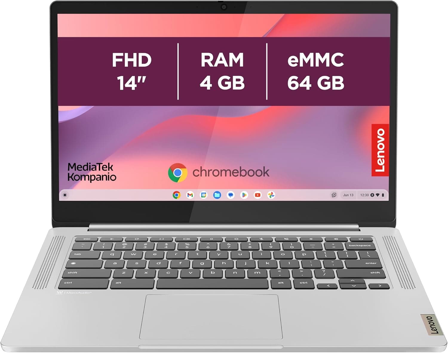 Lenovo IdeaPad Slim 3 Chromebook 14M868 – 14 Inch FHD Laptop (MediaTek Kompanio 520, 4GB RAM, 64GB eMMC, Arm Mali-G52 Graphics, Chrome OS) French AZERTY Keyboard – Grey - Image 1