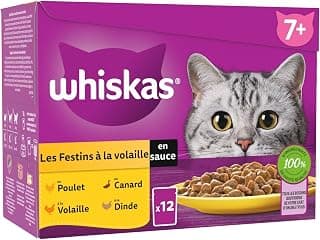 WHISKAS Senior Poultry Menu in Sauce, Chicken, Duck and Turkey Flavour, Melting Texture (12 Bags) - Pack of 3