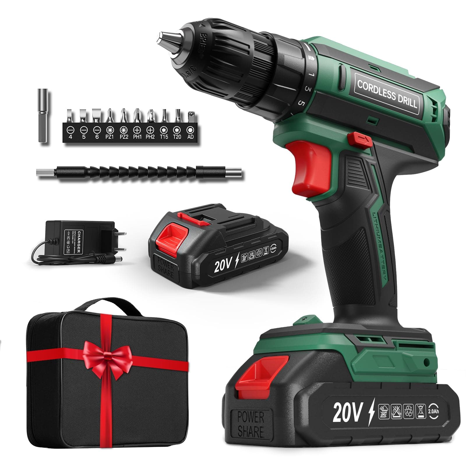 20V Cordless Drill Bit Driver, Max 42Nm Cordless Drill Devicer, 2 Speed Screwdriver, Compatible with Makita Batteries, 2000mAh Battery, 25+1 Torque, 10mm Chuck, LED Green - Image 1