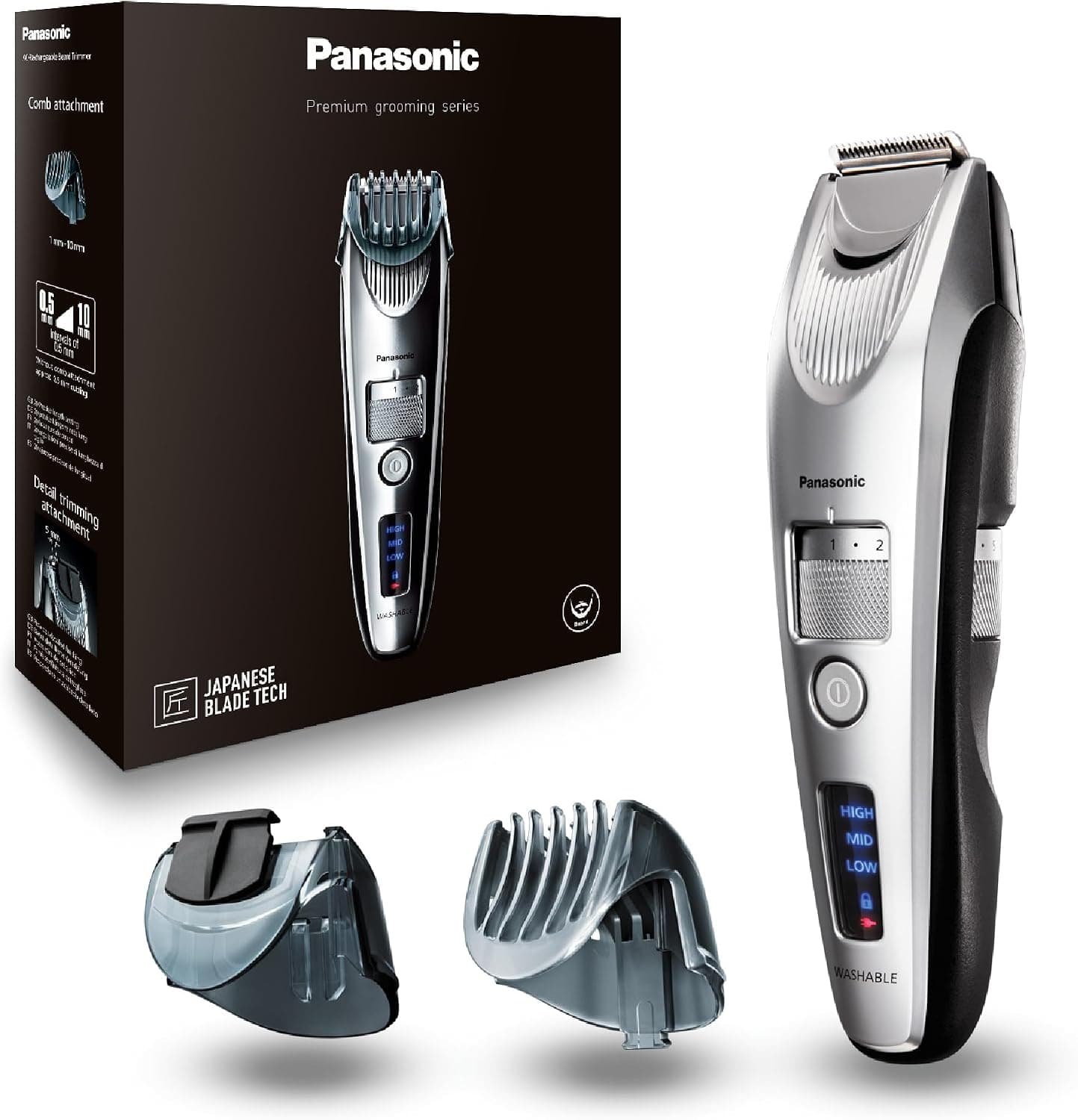 Panasonic ER-SB60S-803 Tondeuse à Barbe pour Hommes, Portable Sans Fil Étanche, 20 réglages de longueur, 2 Accessoires, Embout de Détail, Sans Fil et Filaire, Socle de Chargement, Argenté - Image 1