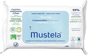 Mustela Compostable Changing Wipes Fragrance Free 100% Plant Fibres Lyocell Body & Makeup, Baby & Family - 99.7% Natural Ingredients (60 Pcs)