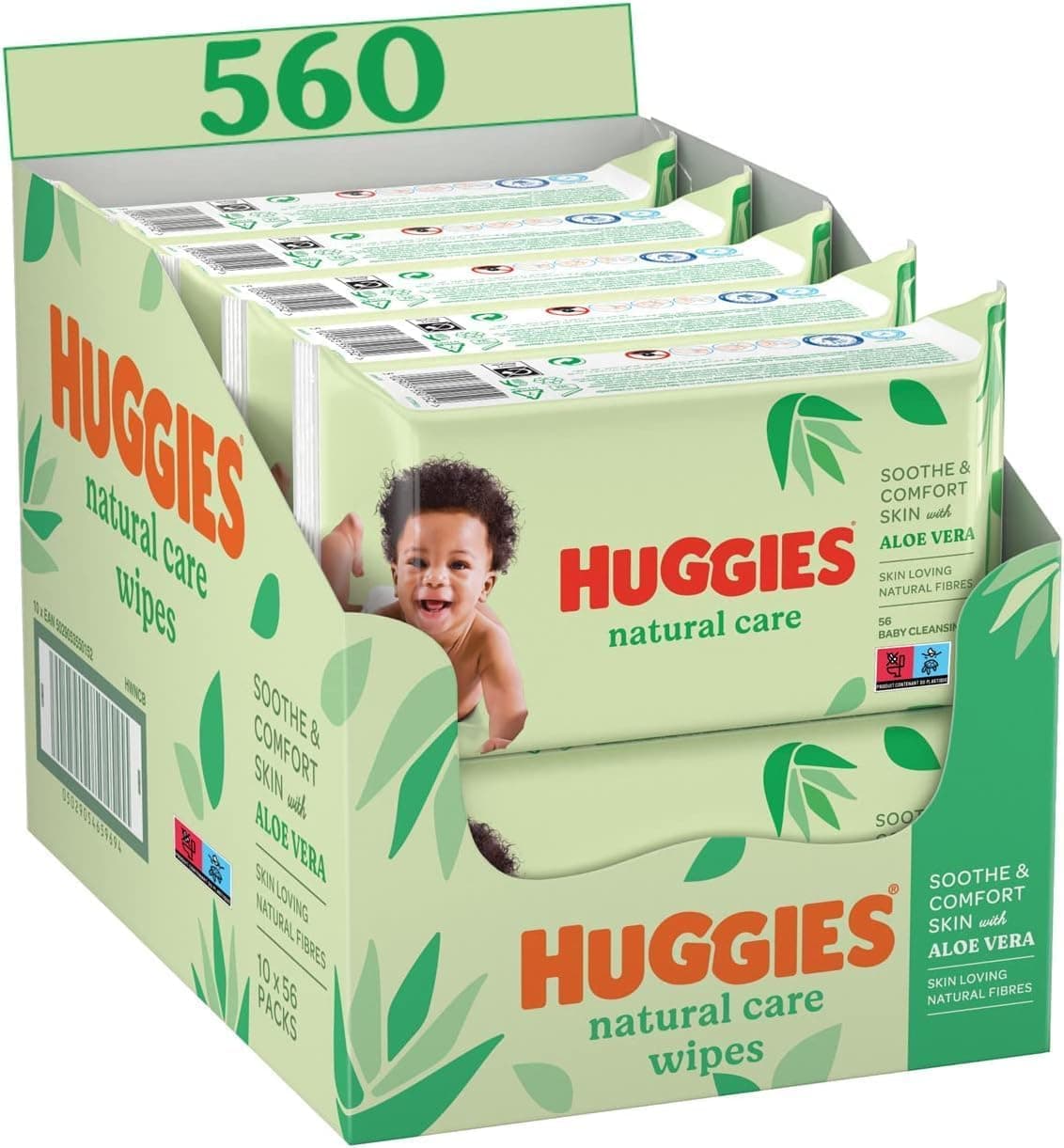 HUGGIES Huggies Natural Care Baby Wipes - 10 Packs of 56 Wipes (560 Wipes) - Natural Absorbent Fibres - Hypoallergenic - Alcohol Free - Aloe Vera - Prevents Irritation