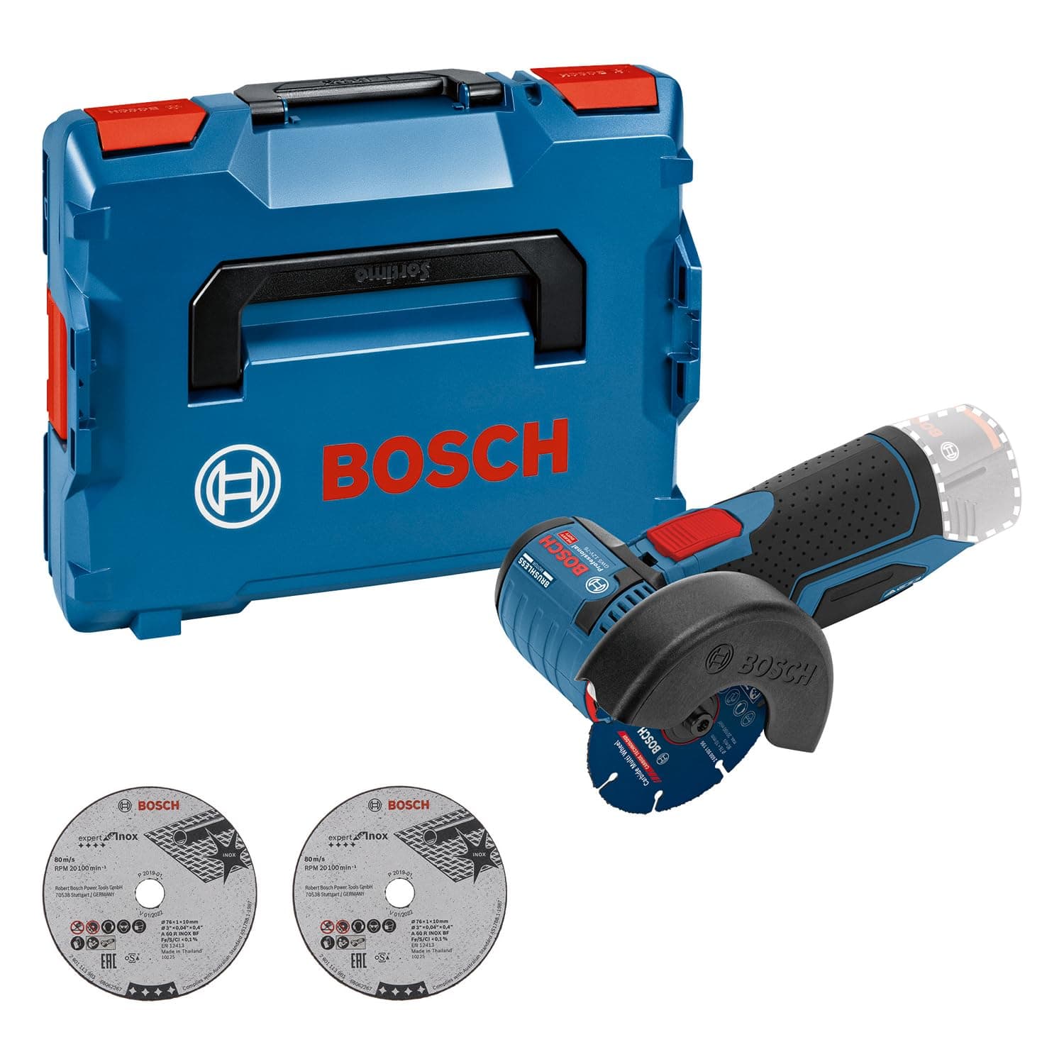 Bosch Professional 12V System cordless angular grinder GWS 12V-76 (2 Expert for Stainless Steel cutting discs, 1 Carbide Multi Wheel cutting disc, 2 L-BOXX, L-BOXX, without batt./charger)