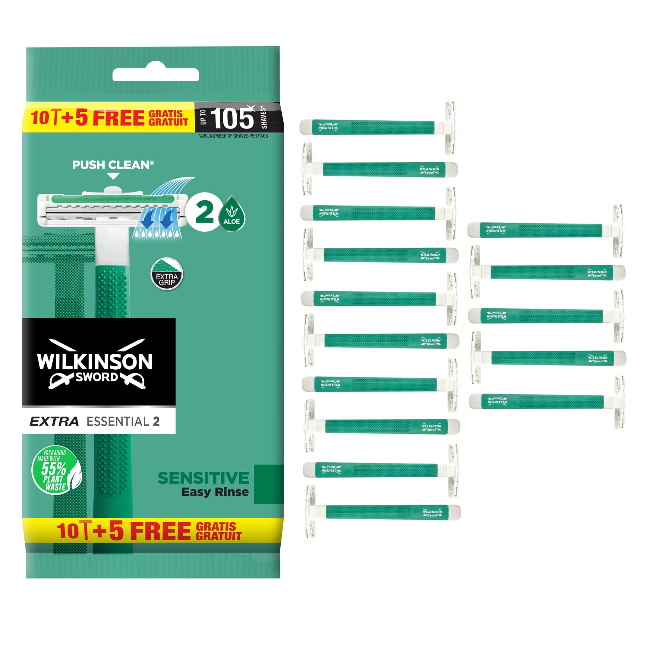 Wilkinson Sword Extra Essential 2 Sensitive Disposable Razors for Men X 10+5 - Image 1