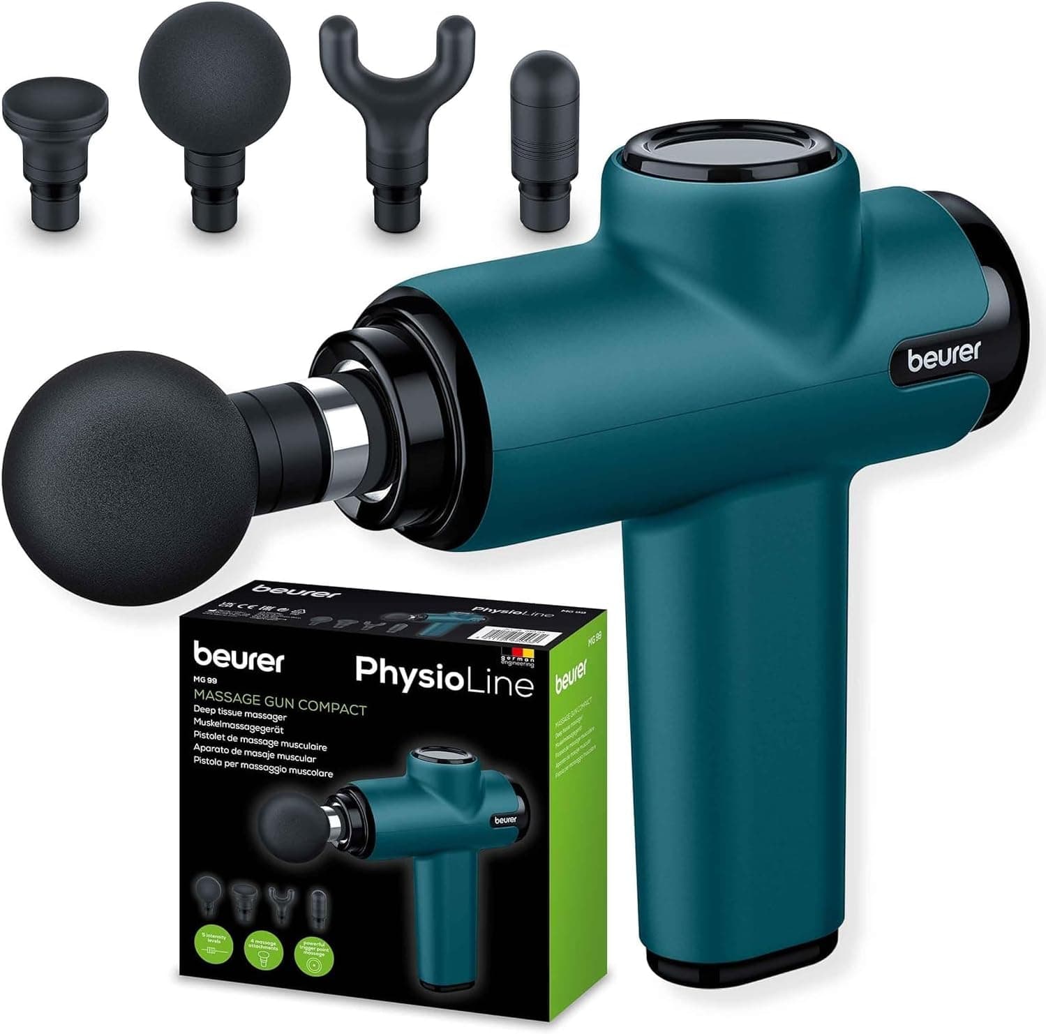 Beurer MG 99 Handy Massage Gun with 4 Accessories, Powerful Trigger Point Massage, Tension Release, Compact Muscle Massager with 5 Intensity Levels