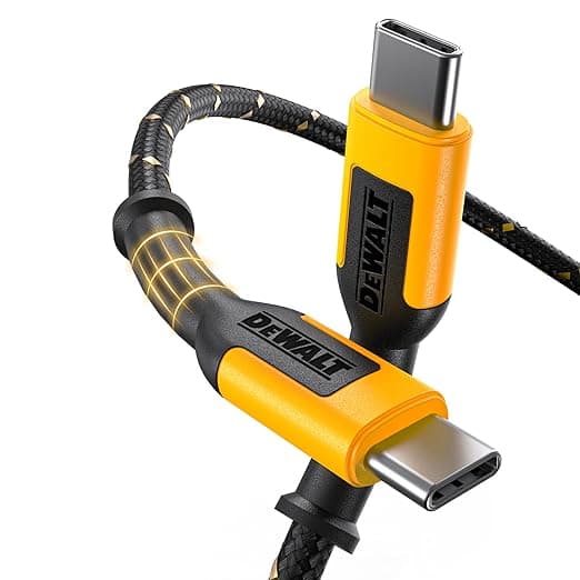DEWALT Heavy Duty USB-C Cable, 60W Construction Site USB-C Cable, Type-C to Type-C High Speed Quick Charge PD USB-C Cable for iPhone 17/16/15 Plus Pro Max, MacBook, iPad, Samsung Galaxy, 10ft