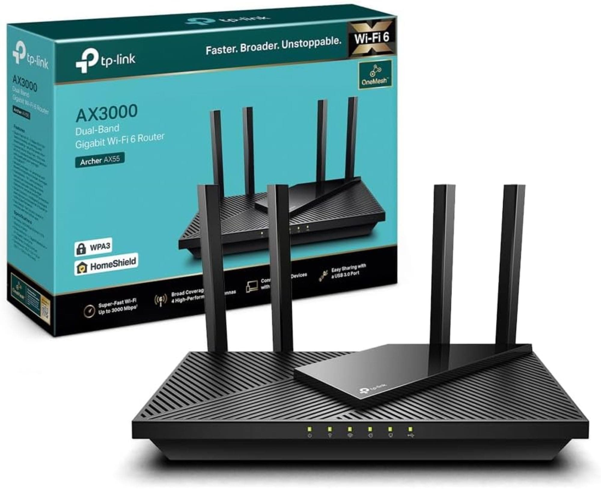 TP-Link Archer AX55 WiFi Router 6, 3000Mbps Dual-Band AX WiFi Router, 5 Gigabit Ports, 4 High Performance Antennas, WPA3, Parental Control, OneMesh, Built-in Anti-Virus