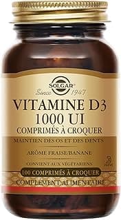 Solgar Solgar Vitamine D3 1000 UI à croquer - Défenses naturelles - Immunité - Santé des os - Goût fraise/banane - Complément Alimentaire - Flacon de 100 comprimés à croquer