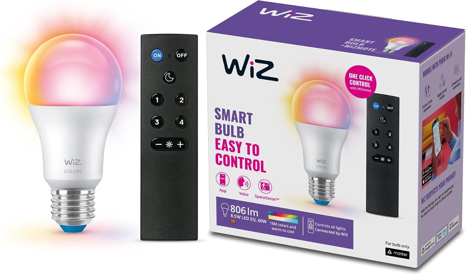 WiZ, kit ampoule connectée E27 Wi-Fi + télécommande, équivalent 60W, fonctionne avec Alexa, Google Assistant - Image 1
