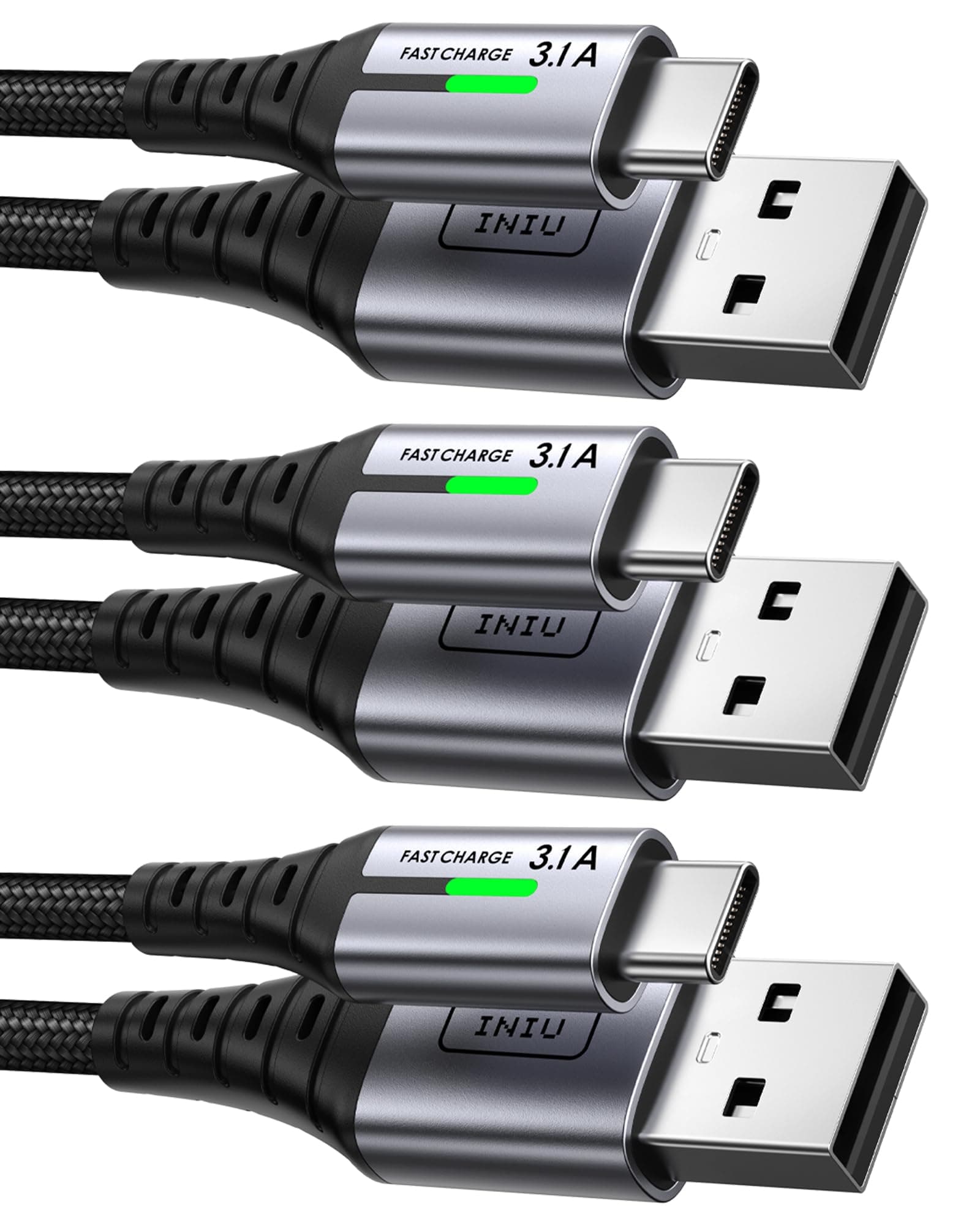 INIU USB C Cable Quick Charge 3.1A, [2m+2m+0.5m/Pack of 3] USB to USB C Cable, Nylon Charger Cable Type C USB A USBC Cord for Samsung Galaxy S21 S20 A34 iPhone 15 Pro Google Pixel 7 Xiaomi PS5