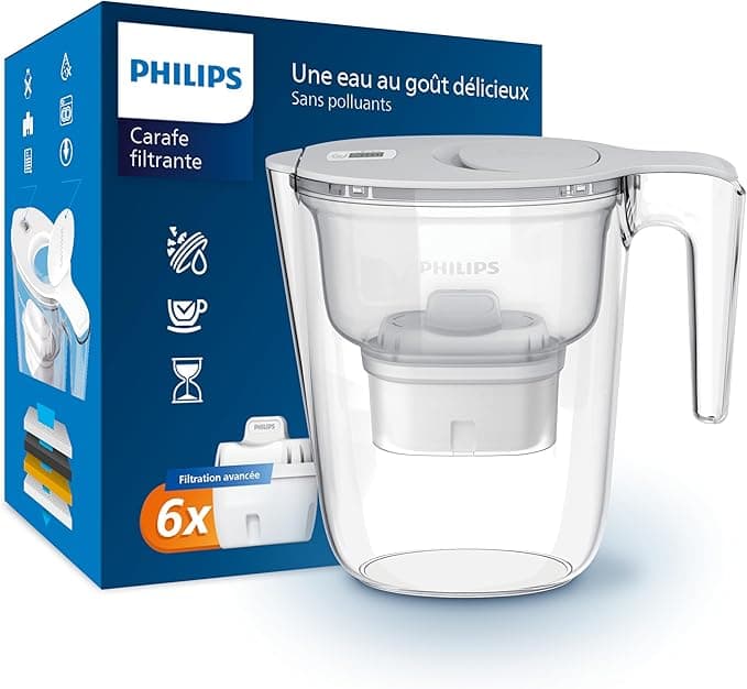 Philips Philips Water Carafe filtrante Philips +6 cartouches filtrantes de remplacement Micro X-Clean, débit rapide, blanc, 2,6 litres, minuterie électronique