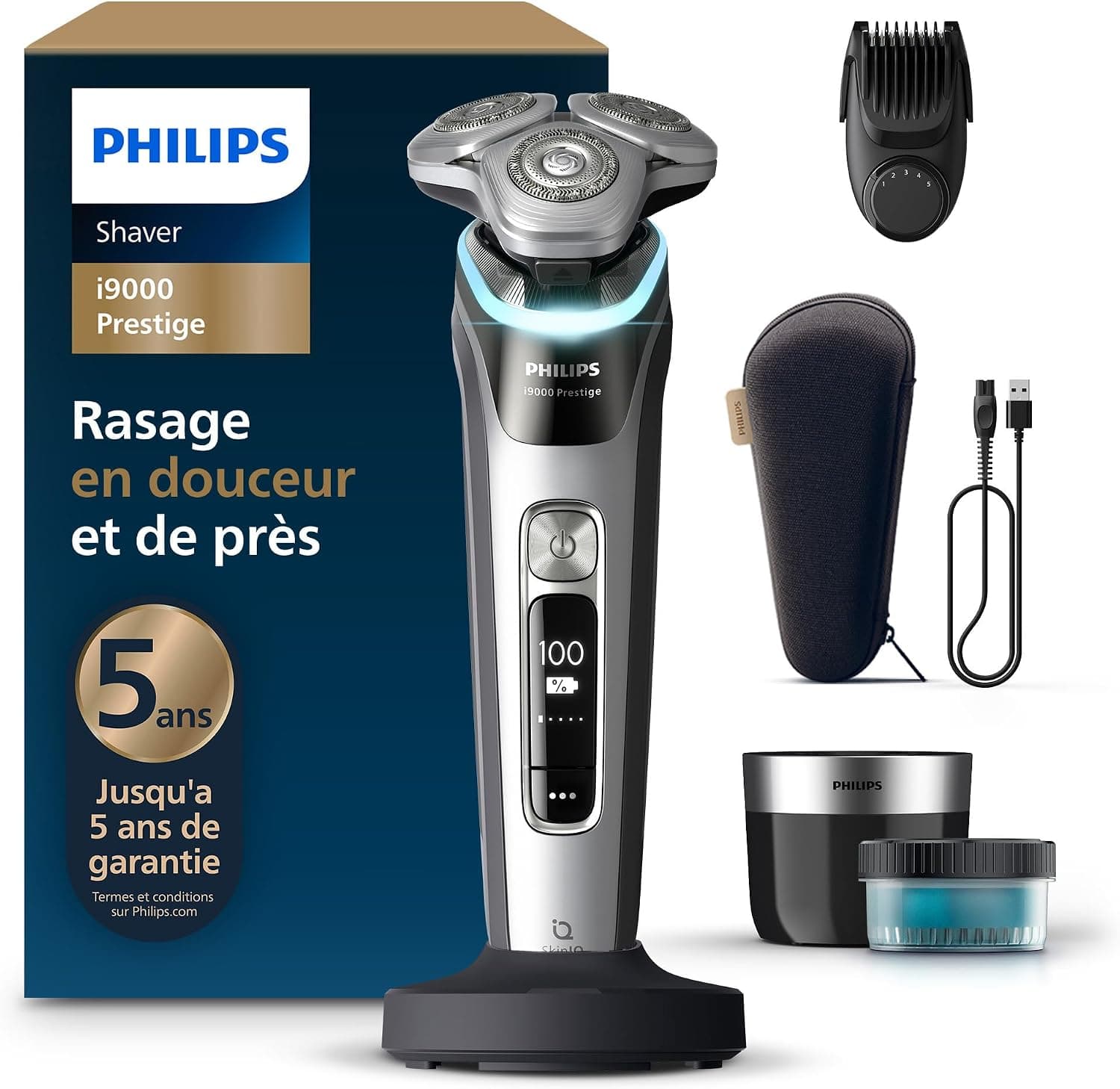 Philips Rasoir i9000 Prestige, Rasoir électrique sec et humide, Dark Slate Nova, avec technologie Skin IQ, système Triple Lift & Cut, lames rotatives 360 Dual SteelPrecision, styler à barbe, XP9204/33 - Image 1